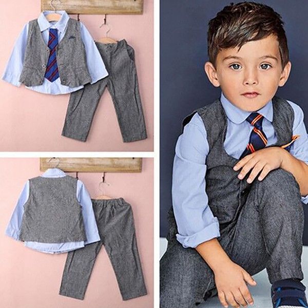 

new 2021 boy gentleman suit spring children's blue shirt with bow tie+striped vest+trousers 3pcs formal kids clothes set lfic, White