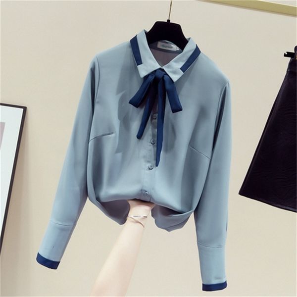 

new elegant bow doll collar women's long sleeve all-match shirt solid color lady superior office wear 2021 spring zxap, Black