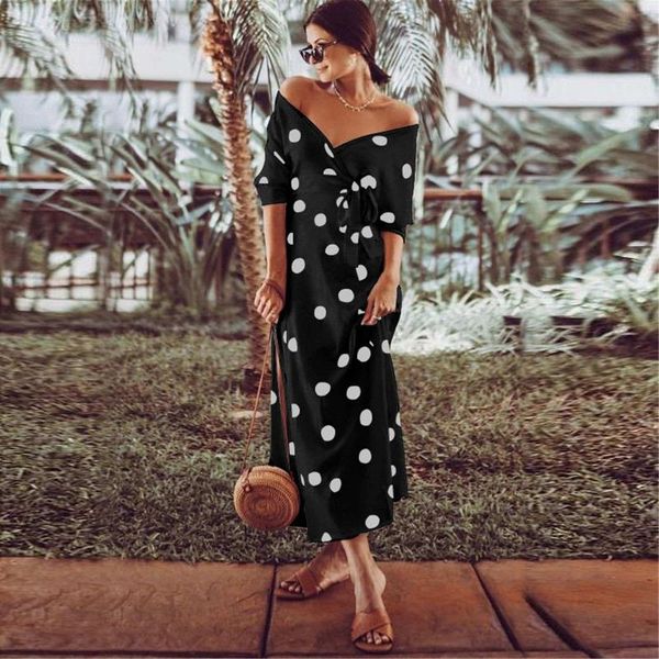 

40# women's summer casual dresses polka dot print v-neck off shoulder long dress holiday beach femme women dress vestido, Black;gray
