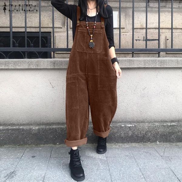 

women's jumpsuits & rompers retro autumn corduroy 2021 zanzea pants dungarees wide leg playsuits plus size casual 5xl, Black;white