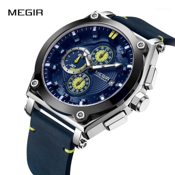 

wristwatches megir brand multi-function sport watch men luxury chronograph calendar waterproof fashion blue leather luminous clock, Slivery;brown