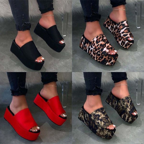 

women plus size slippers summer shoes leopard sandals high heels camouflage print sponge pantshoes scuffs slip slops flat comfortable beachw, Black