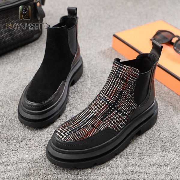 

boots prova perfetto 2021autumn winter round toe flat women's british style stitching plaid slip-on short ankle, Black
