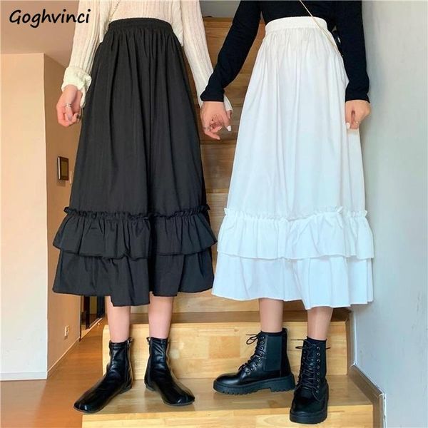 

skirts women summer mid-calf solid simple ruffles high waist korean style all-match slim trendy kawaii elegant teen chic pleated, Black