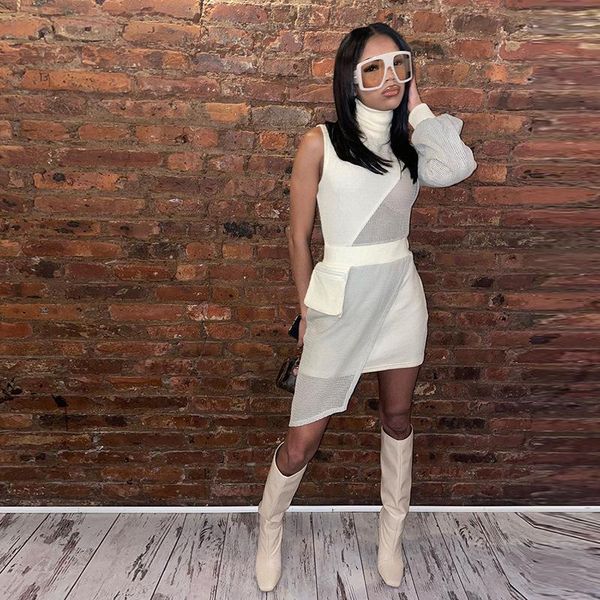 

casual dresses fashion one-sleeve fake 2 piece high neck pocket mesh patchwork white dress see through irregular mini club y2k, Black;gray
