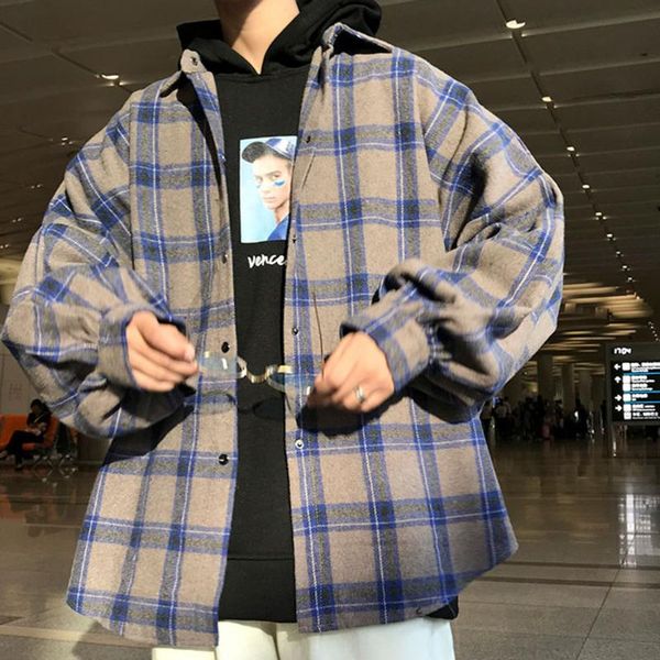 

2021 fashion men plaid shirt harajuku color block mens streetwear thick shirts long sleeve male vintage korean fashions clothes, White;black