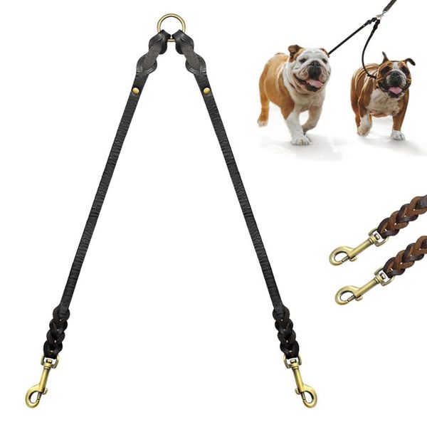 

dog collars & leashes real leather double coupler 2 way dogs pet couplers walking leads for two pitbull brown black