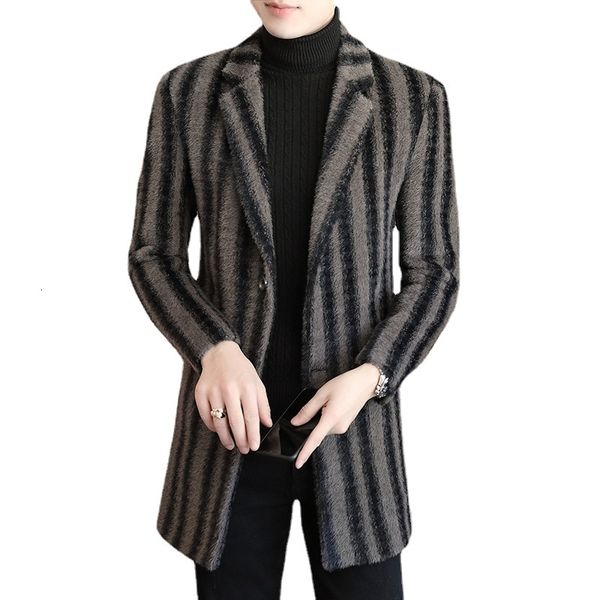 

men's wool & blends winter male winter suit turtleneck striped jacket thin lapel mid length wool thick nv6h, Black