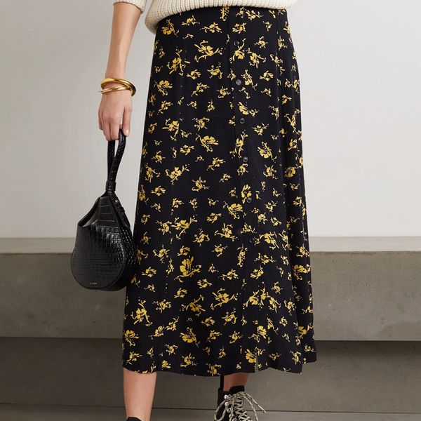 

2021 new 100% viscose feminina a linha mid-calf saia impresso primavera vero saias de cintura alta com botes roupas femininas ondt, Black