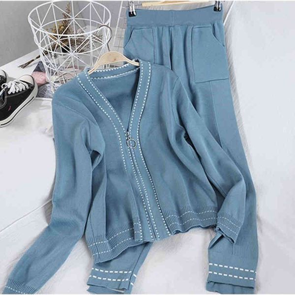 

women's two piece pants autumn v-collar zipper up cardigans+trousers 2 set female women casual tracksuit knitted coat and long suit wok, White