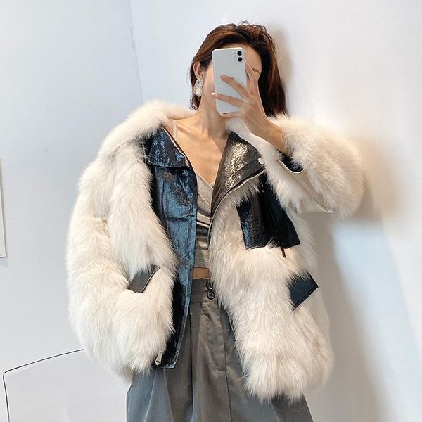 

women's fur & faux 2021 fxfurs fashion autumn and winter women haining short natural young real leather overcoat coat, Black