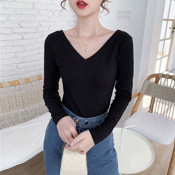 

black double v-neck long sleeve for women in autumn 2020, sexy, slim slim, with cotton and t-shirt as the base, White