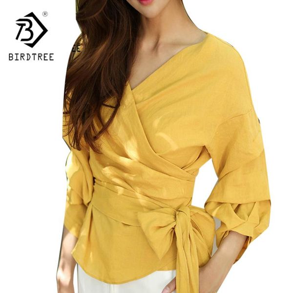 

women's blouses & shirts elegance white female bow women fashion nine quarter sleeves cotton linen 2021 blouse shirt t7n220a