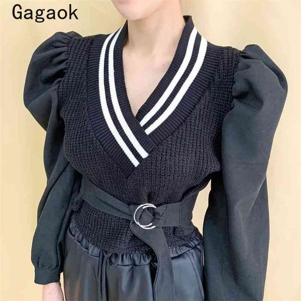 

korean retro sweater women spring autumne v-neck puff sleeve solid knitted sweaters slim chic fashion pullovers 210531, White;black