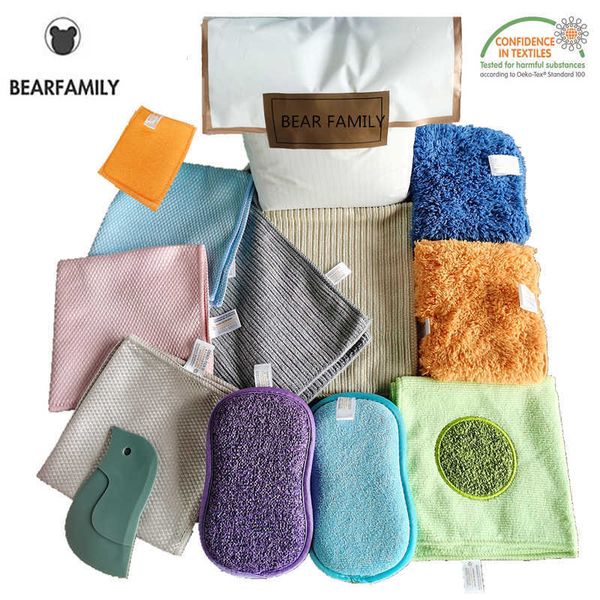 12 adet Ev Temizleme Aracı Araba Yıkama Seti Rags Sünger Banyo Mikrofiber Cam Bezi Için Mutfak Fırçası Sünger Kürklü El Havlusu 210728