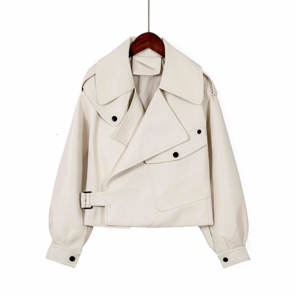 

women's leather & faux saleqi arrivals women leather jacket of the fake plutonium motorcycle beige turndown loose collar streetwear 4m8, Black