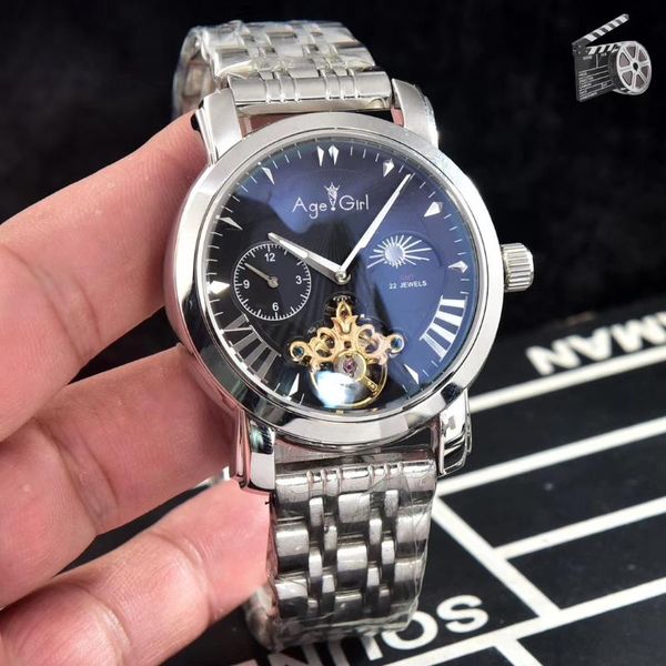 

wristwatches men automatic mechanical sapphire stainless steel rose gold black moonphase luminous rome tourbillion watch, Slivery;brown