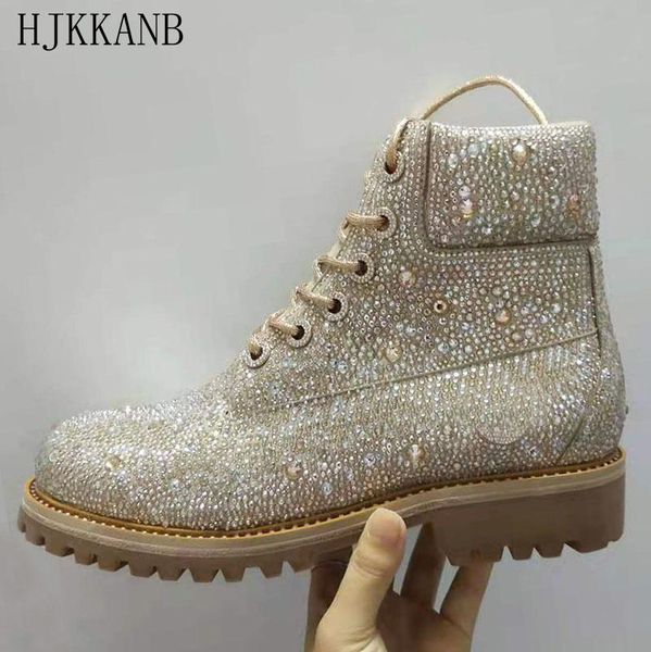 

boots autumn winter luxury rhinestones decoration women round toe lace up ankle crystals short quality, Black