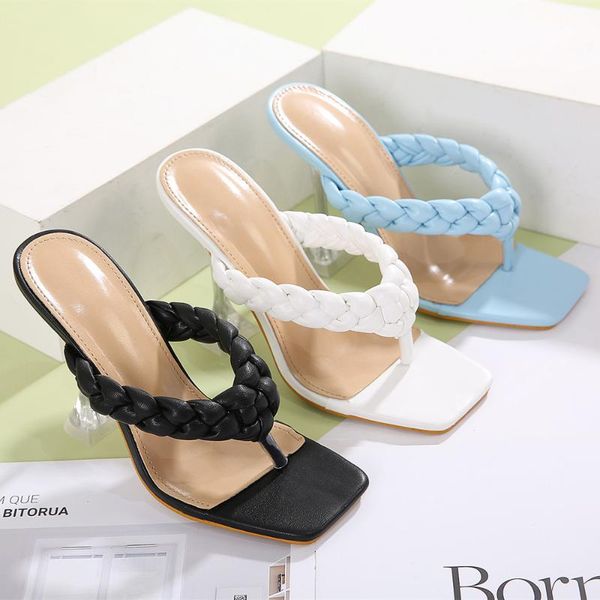 

slippers women high heels weave big size square toe fashion dress shoes flip flops summer slidder, Black