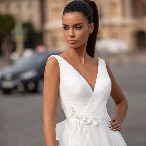 

robe 2021 new mariee beach boho 3d flowers wedding lace appliques tulle v-neck bohemia bridal gowns vestidos de novia h92u, White