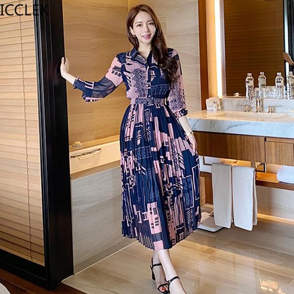 

icclek autumn women autumn new style korean style temperament shirt long fashion waist printing pleated big swing dress, Black;gray