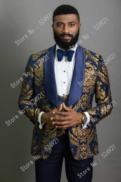 Os homens se adapte a ouro do ouro e noivo azul-marinho do noivo tuxedos xale groomsmen de lapela de casamento melhor homem (jaqueta + calça + colete + gravata) c699 x0909