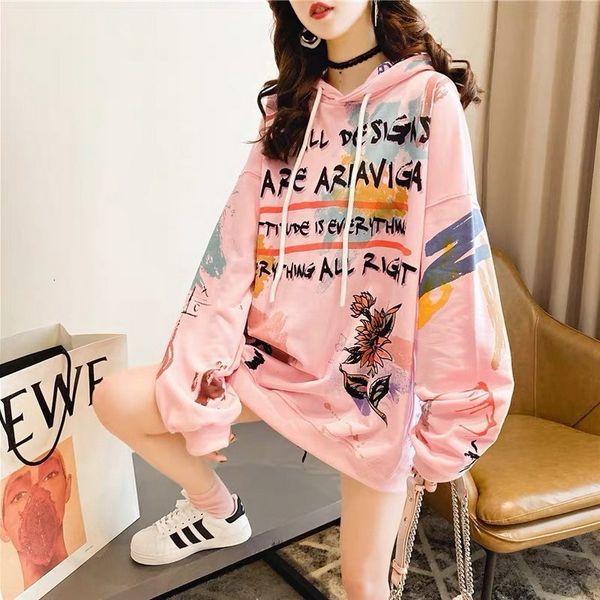 

2021 spring autumn new hoodie fashion casual personality cartoon print hoodies mid length women sweatshirt fafd, Black
