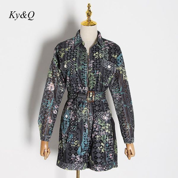 

women's jumpsuits & rompers high qualiy women 2021 spring embroidered hollow print lapel waist slim vacation elegant jumpsuit brand par, Black;white