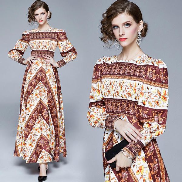 

casual dresses simgent puff sleeve dress women long stripe elephant print elegant flared maxi vestidos robe femme sg0032612, Black;gray