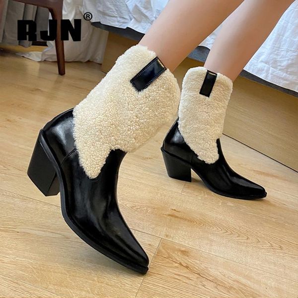

boots rjn winter warm western ankle woman genuine leather fur patchwork pointed toe med high square heel booties shoe ro499, Black