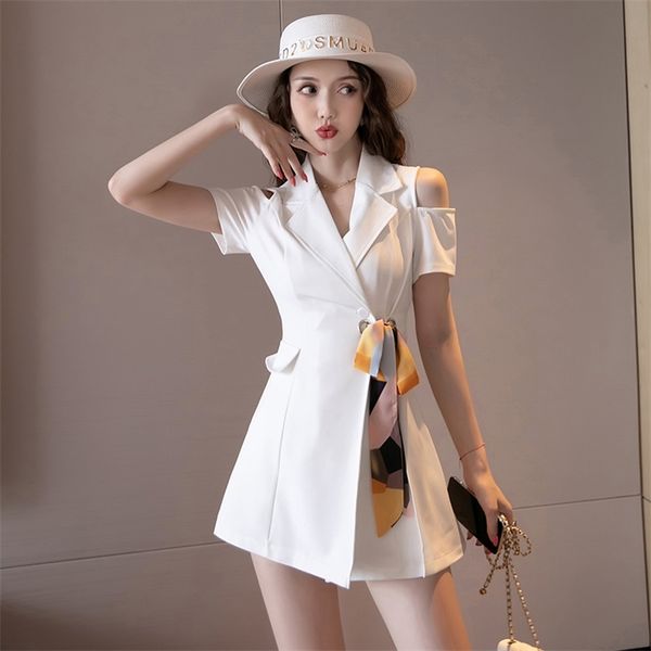 

elegant off-the-shoulder blazer dress two piece set female summer notched short sleeve blouse shorts professional suit 210602, White