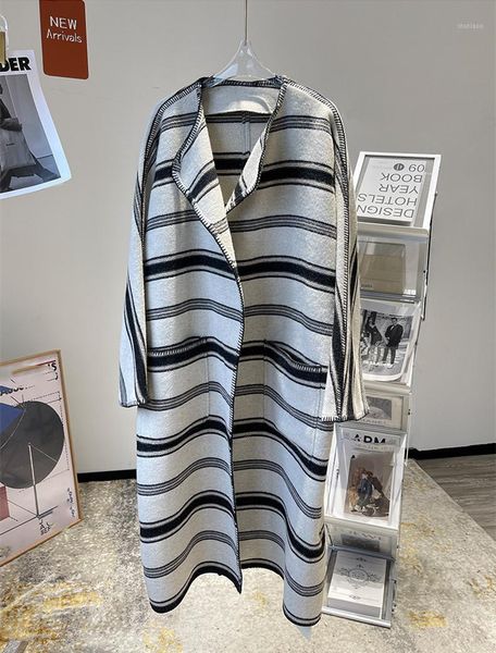 

women's wool & blends europe style 70% stripe loose overcoat c617, Black