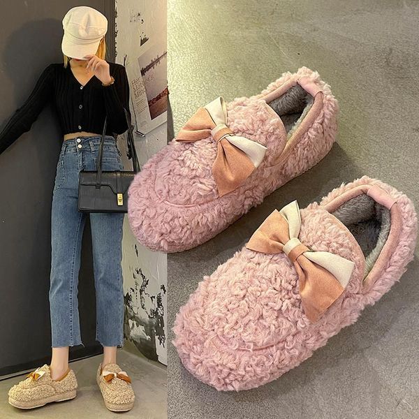 

slippers women's home cotton hairy fashion warm flat shoes bowknot slides memory foam ladies soft short plush closed, Black