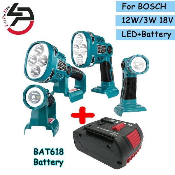

3w/12w 18v pistol/portable spotlight work led torch warning lamp bat618 li-ion battery usb outdoor light for bosch