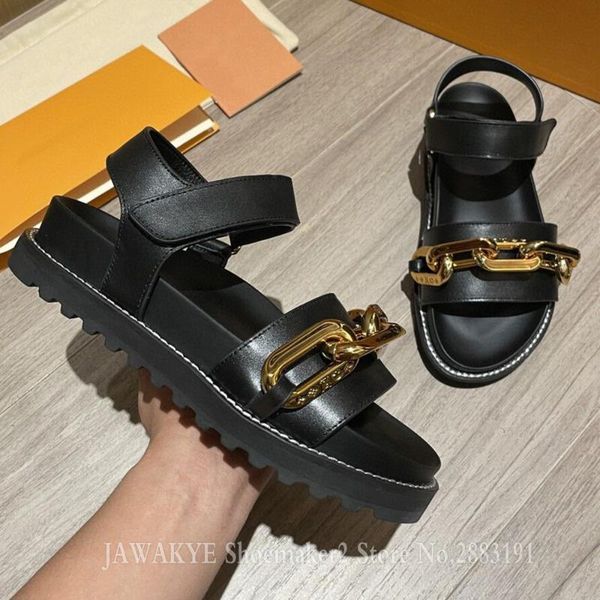 

sandals gold chain women platform round open toe thick sole beach casual comfort print rome shoes summer 2021 flats, Black