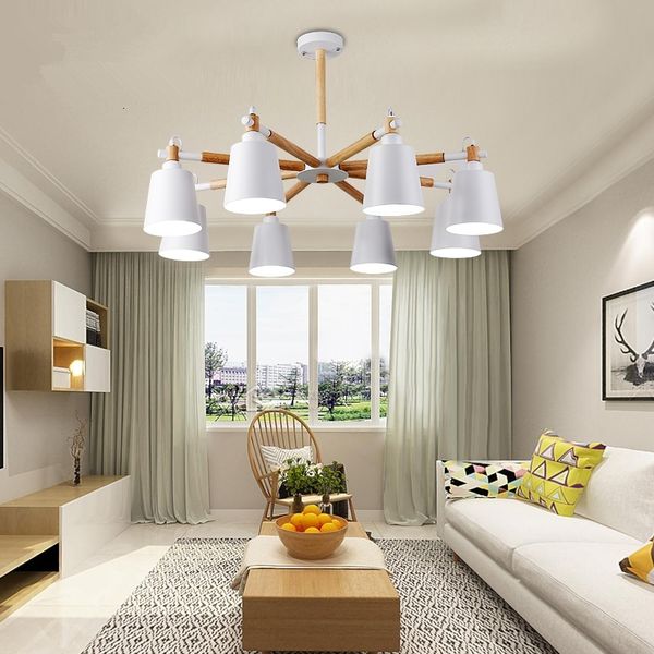 

2021 new moderna macia 3/6/8 cabeas preto branco conduziu a lmpada lustre de ferro + madeira e27 titular casa iluminao xfso
