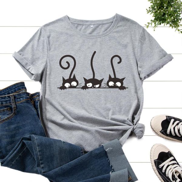 

women's t-shirt graphic tee for women cotton print t shirts short sleeve crew neck summer female clothes three cats hipster heart cat, White