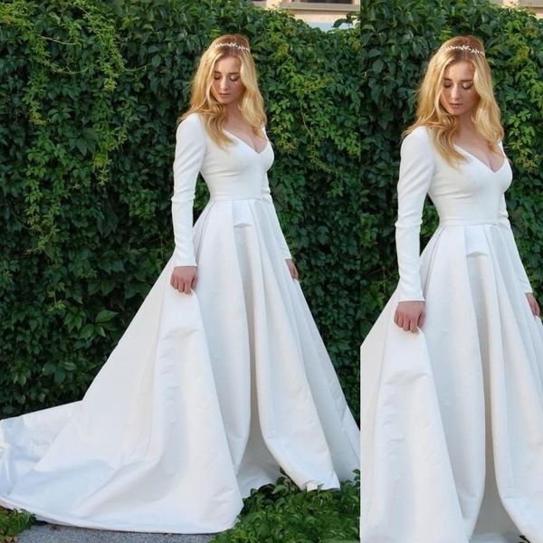 Neue Ankunft Einzigartige Lange Ärmel Brautkleider V-ausschnitt Einfache Garten Land Strand Brautkleider Plus Größe Brautkleid vestidos