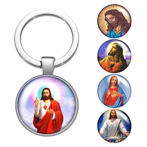 

jesus blessed christian glass cabochon keychain bag car key chain ring holder charms silver plated keychains for men women gifts
