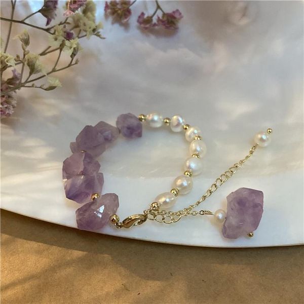 

link, chain natural stone pearl bracelet niche design sense of summer amethyite simple small fresh hand string jewelry women, Black