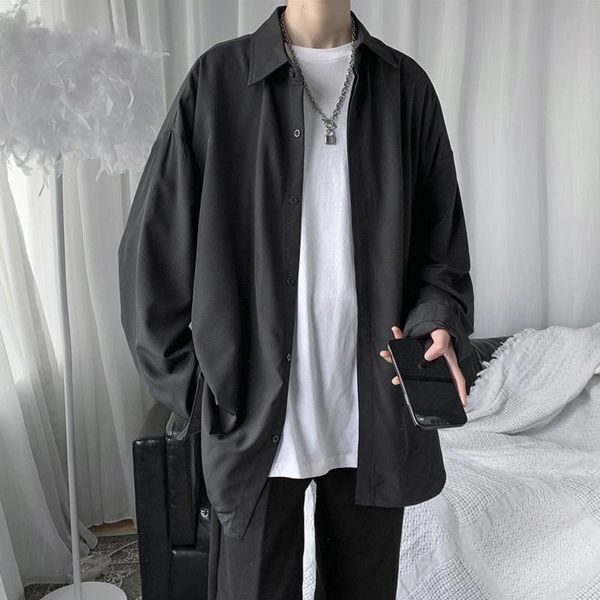 

men's casual shirts shirt autumn thin coat draping solid color minimalist long sleeve young hong kong style loose and handsome white, White;black