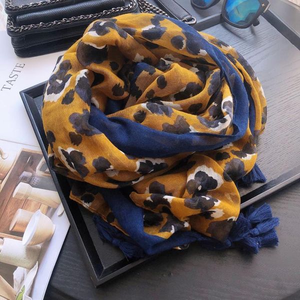 

scarves spring and summer 2021 korean version yellow leopard balinese cotton women's scarf,cotton sunscreen scarf tassel cape, Blue;gray