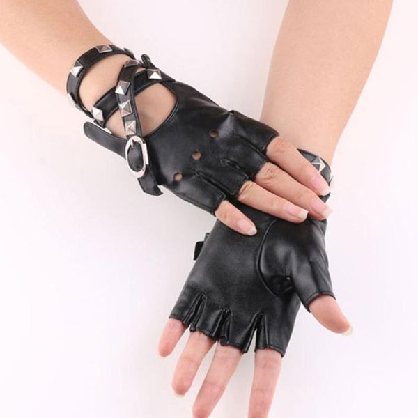 

sports gloves half finger women rivet pu leather dancing rock punk fingerless hip hop mittens, Black