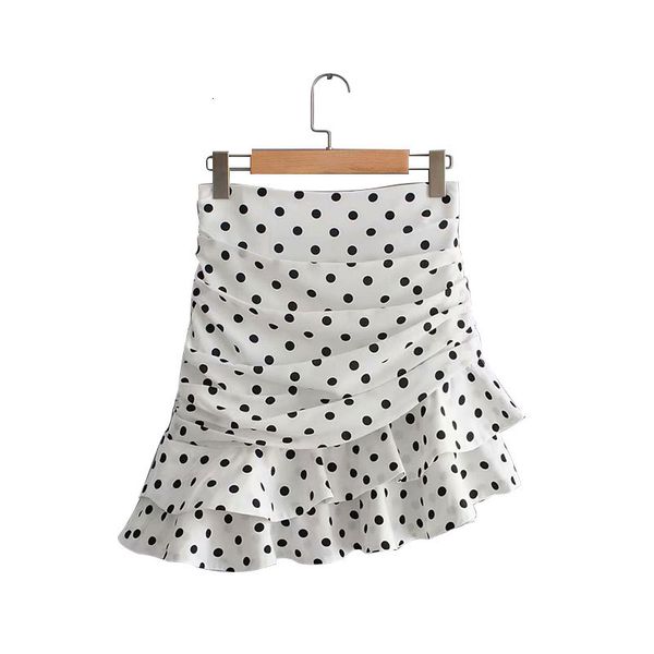 

2021 new women high waist ruffled irregular bodycon elegant chic polka dot print ruched asymmetrical mini skirt au2y, Black