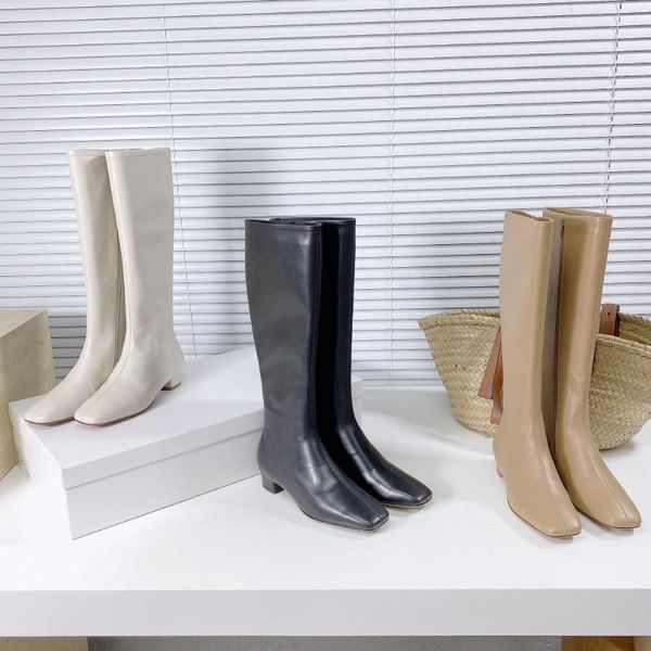 

boots elegant knee-high women elasticity genuine leather square toe low heels 2021 fall classic shoe, Black