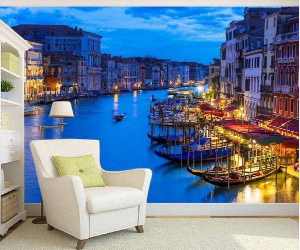 

wallpapers custom 3d mural wallpaper night scenic boat watertown personality wall painting
