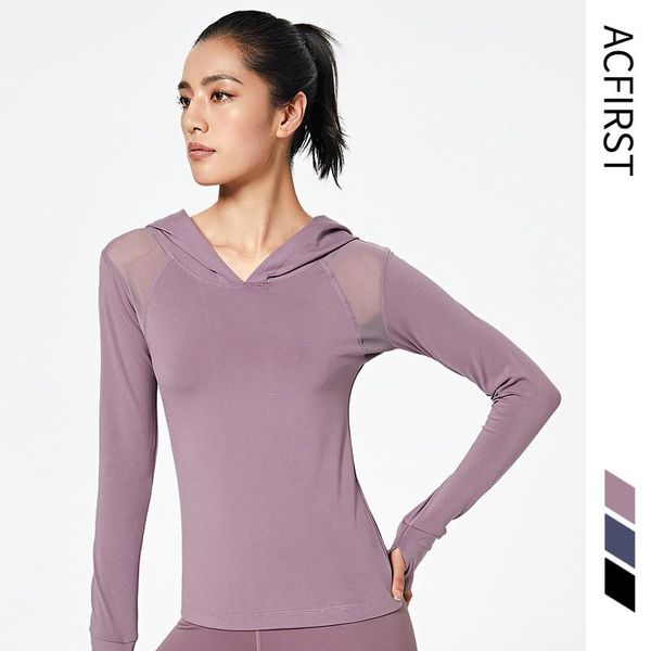 

yoga outfits acfirst blue women long sleeve running shirt hooded t-shirts solid sports shirts quick dry fitness gym crop, White;red
