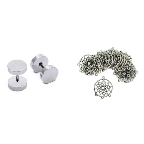 

party favor 1pair men's titanium steel barbell stud earrings gothic 8mm & 20x vintage pretty dream catcher charm pendants connectors