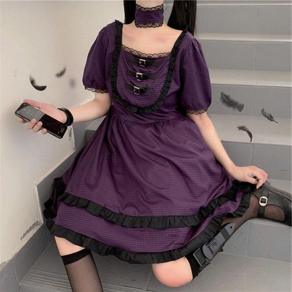 

party dresses houzhou gothic lolita dress summer purple plaid kawaii japanese harajuku women elegant sweet lace ruffles punk outfits, White;black