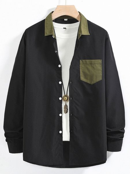 

romwe guys colorblock button front pocket shirt n19n#, White;black